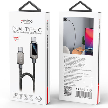 USB-C Data- en Oplaadkabel - USB-C Yesido CA179 Display, 100W, 1.2m, Zwart
