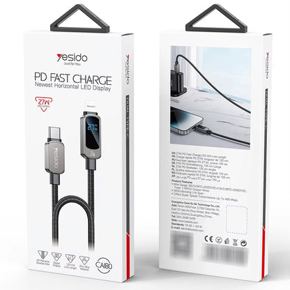 USB-C - USB-C Data- en Oplaadkabel Yesido CA180 Display, 27W, 1.2m, Zwart