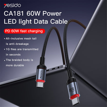 USB-C Data- en Oplaadkabel - USB-C Yesido CA181, 60W, 1.2m, Zwart