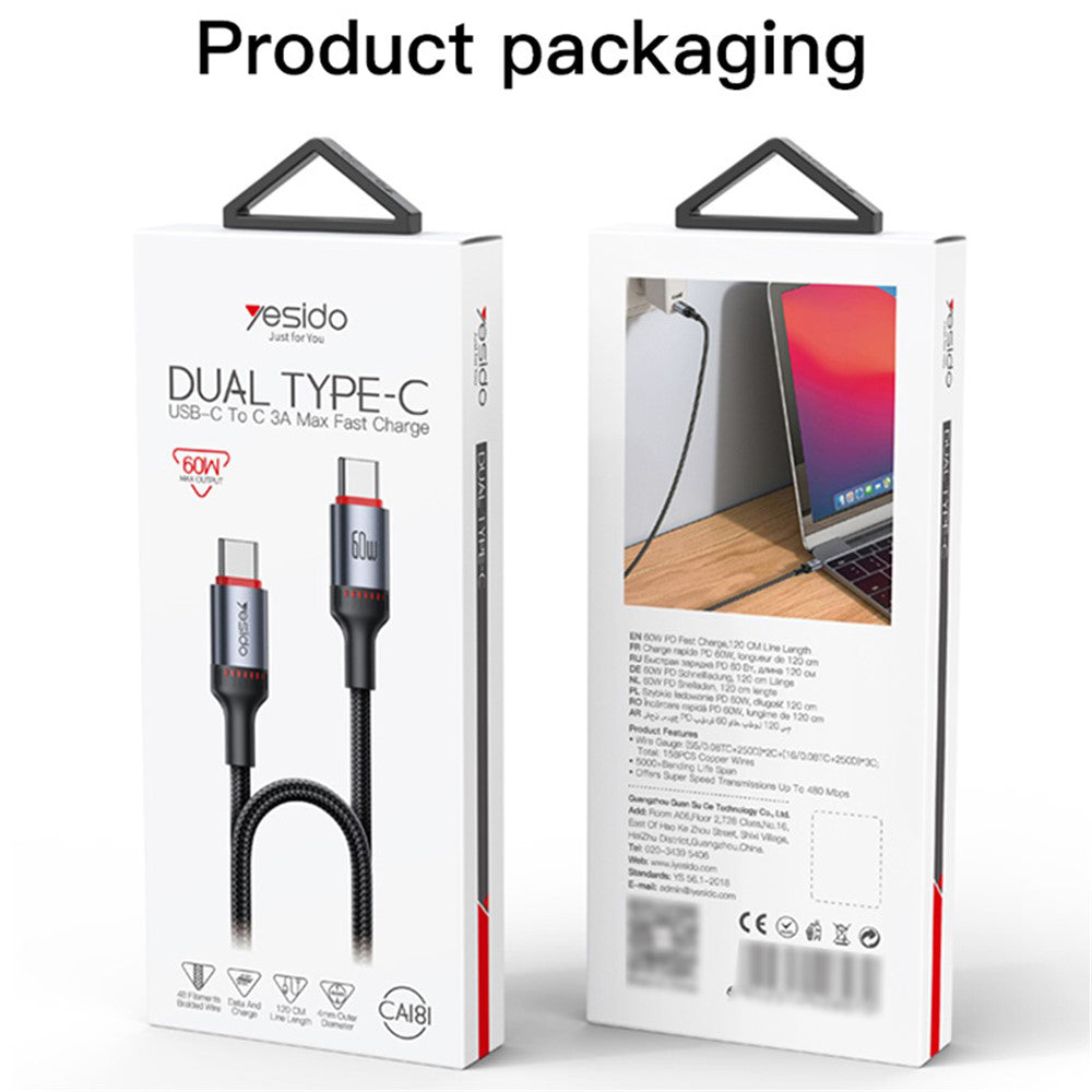 USB-C Data- en Oplaadkabel - USB-C Yesido CA181, 60W, 1.2m, Zwart