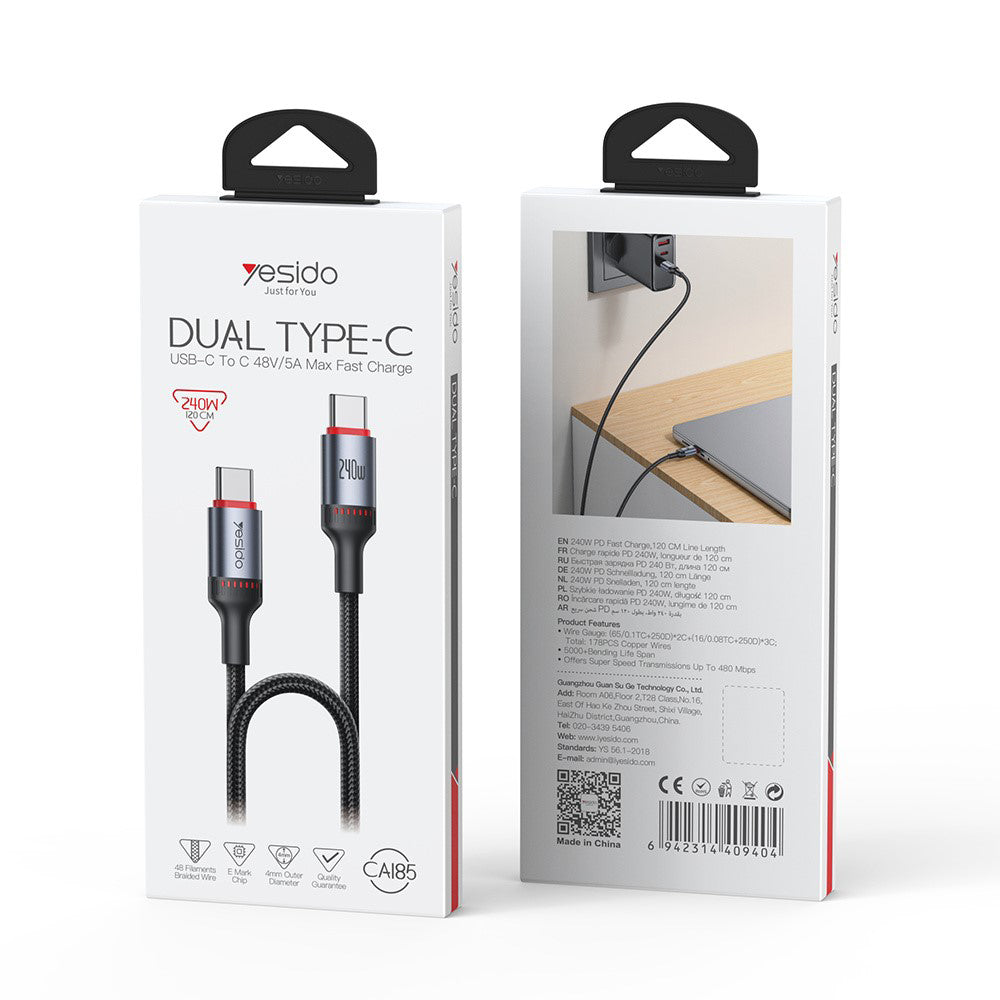 USB-C Data- en Oplaadkabel - USB-C Yesido CA185, 240W, 1.2m, Zwart