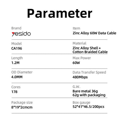 USB-C Data- en Oplaadkabel - USB-C Yesido CA196, 60W, 1.2m, Zwart