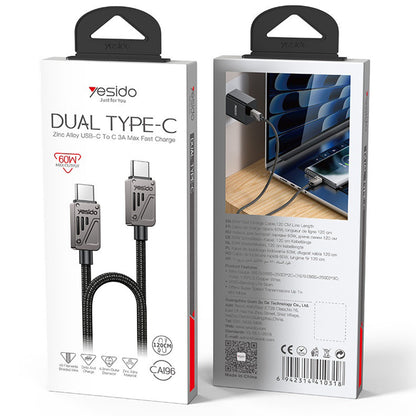 USB-C Data- en Oplaadkabel - USB-C Yesido CA196, 60W, 1.2m, Zwart