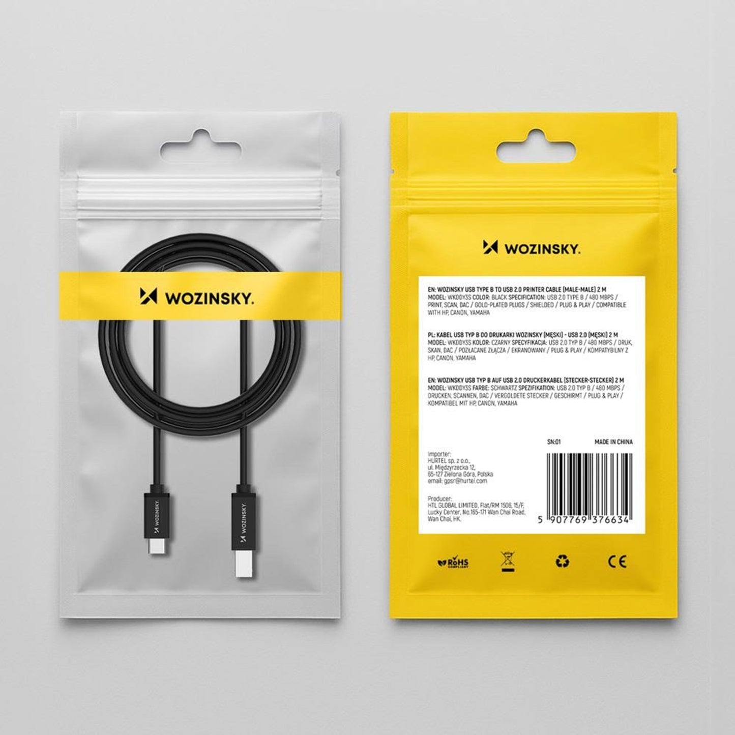 Printerkabel WZK WKDDY1S, USB-C - USB-B, 1m, Zwart