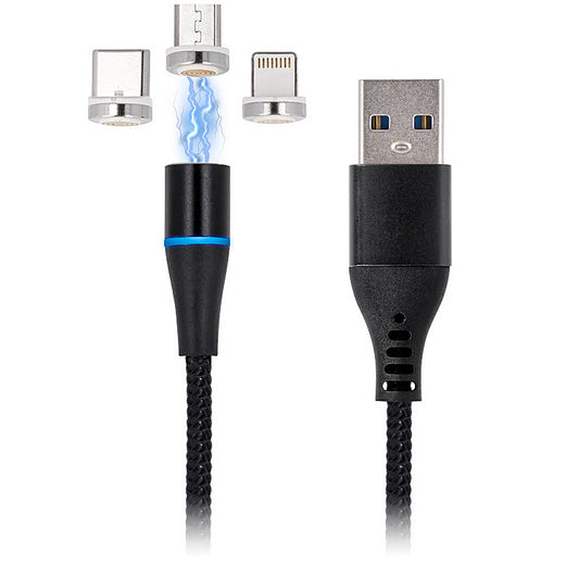 USB-A Oplaadkabel - Lightning / microUSB / USB-C MaXlife MXUC-02 Magnetisch 3in1, 18W, 1m, Zwart