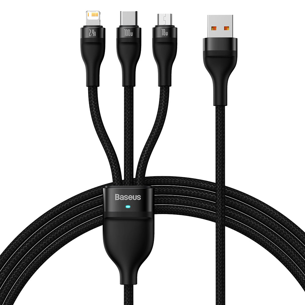 USB-A Oplaadkabel - Lightning / microUSB / USB-C Baseus Flash Series II 3in1, 100W, 1.2m, Zwart CASS030001