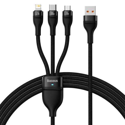 USB-A Oplaadkabel - Lightning / microUSB / USB-C Baseus Flash Series II 3in1, 100W, 1.2m, Zwart CASS030001