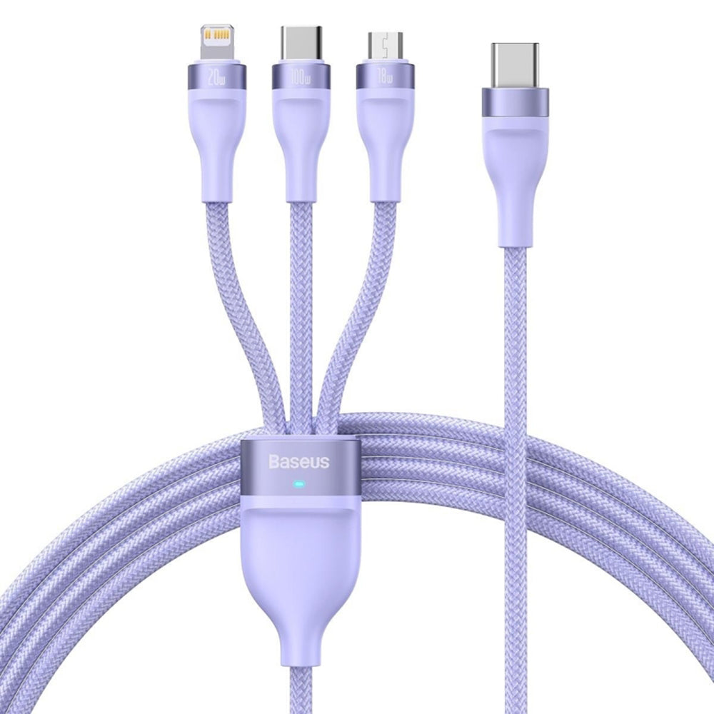 Oplaadkabel USB-A - Lightning / microUSB / USB-C Baseus Flash Series II 3in1, 100W, 1.2m, Paars CASS030005