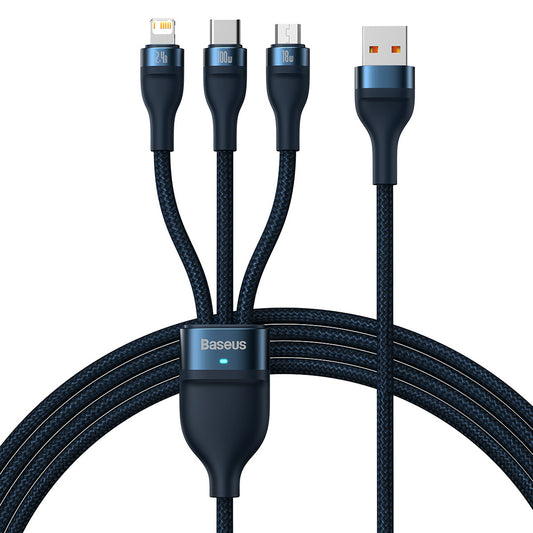USB-A - Lightning / microUSB / USB-C Baseus Flash Series II 3in1 Oplaadkabel, 66W, 1.2m, Blauw CASS040003