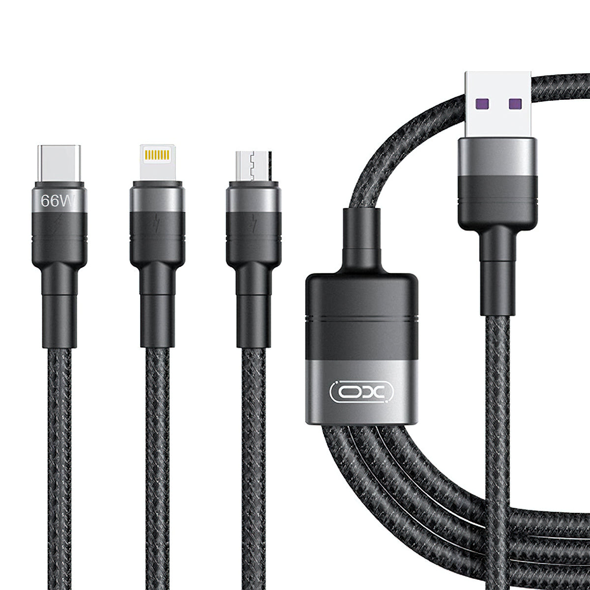 USB-A - Lightning / microUSB / USB-C Oplaadkabel XO Design NB-Q191 3in1, 66W, 1.2m, Zwart