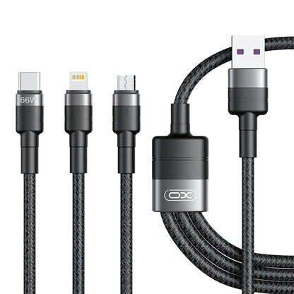 USB-A - Lightning / microUSB / USB-C Oplaadkabel XO Design NB-Q191 3in1, 66W, 1.2m, Zwart