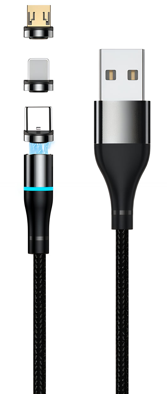 USB-A - Lightning / microUSB / USB-C Setty Magnetische 3in1 Oplaadkabel, 10W, 1m, Zwart