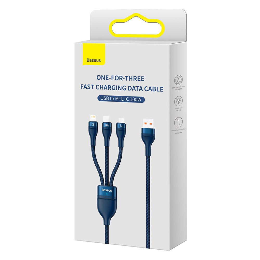 USB-A Oplaadkabel - Lightning / microUSB / USB-C Baseus Flash Series II 3in1, 100W, 1.2m, Blauw CASS030003