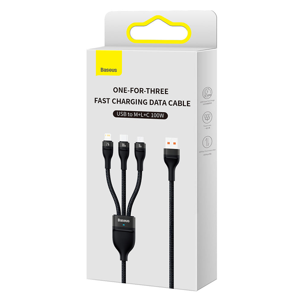 USB-A Oplaadkabel - Lightning / microUSB / USB-C Baseus Flash Series II 3in1, 100W, 1.2m, Zwart CASS030001