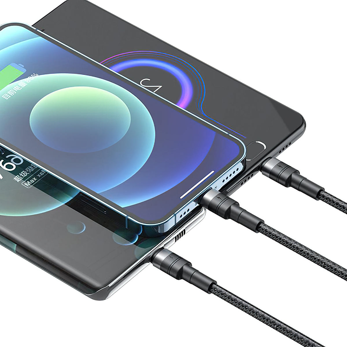 USB-A - Lightning / microUSB / USB-C Oplaadkabel XO Design NB-Q191 3in1, 66W, 1.2m, Zwart