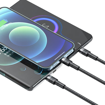 USB-A - Lightning / microUSB / USB-C Oplaadkabel XO Design NB-Q191 3in1, 66W, 1.2m, Zwart