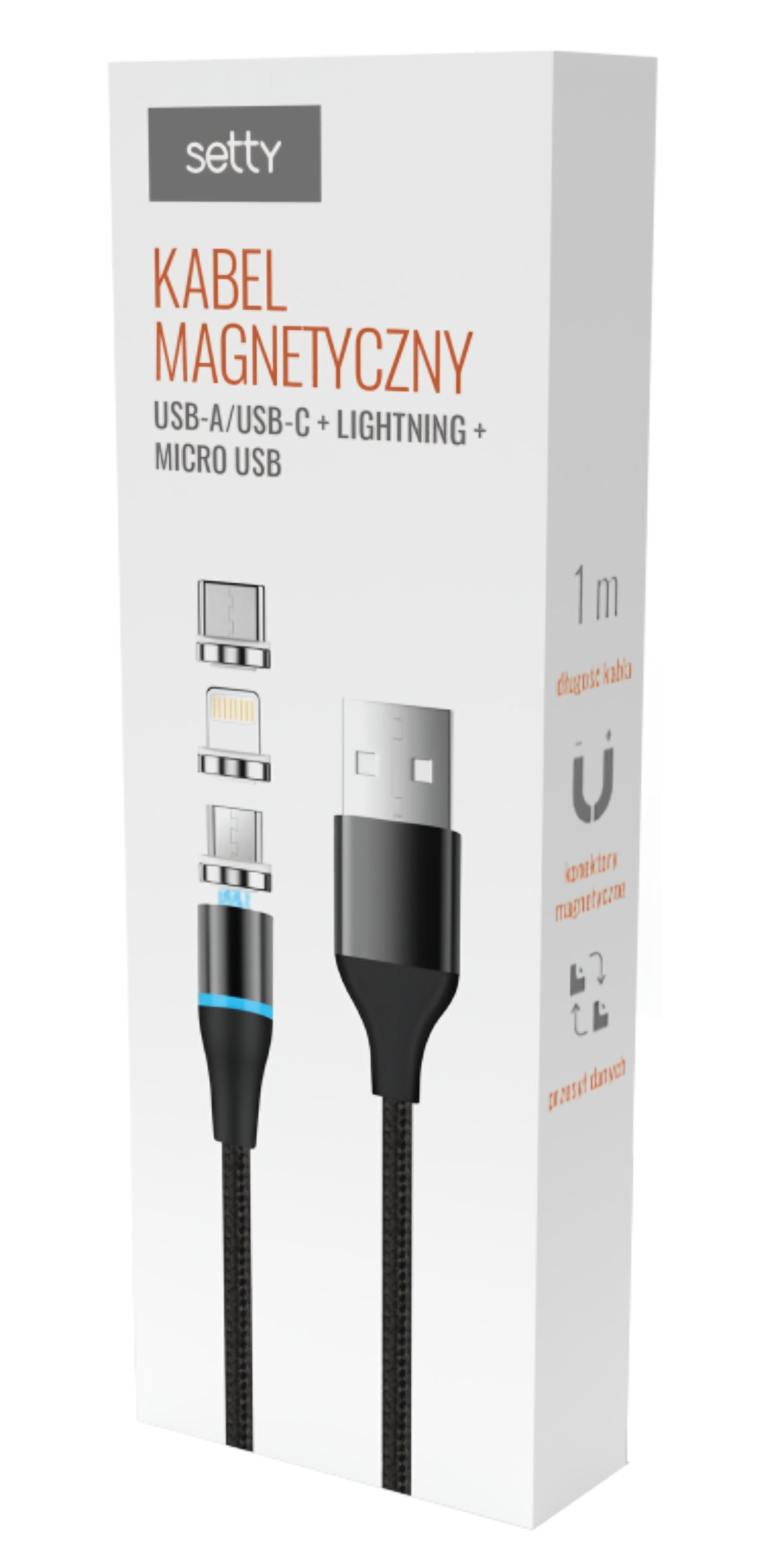 USB-A - Lightning / microUSB / USB-C Setty Magnetic DT 3in1 Oplaadkabel, 12.5W, 1m, Zwart