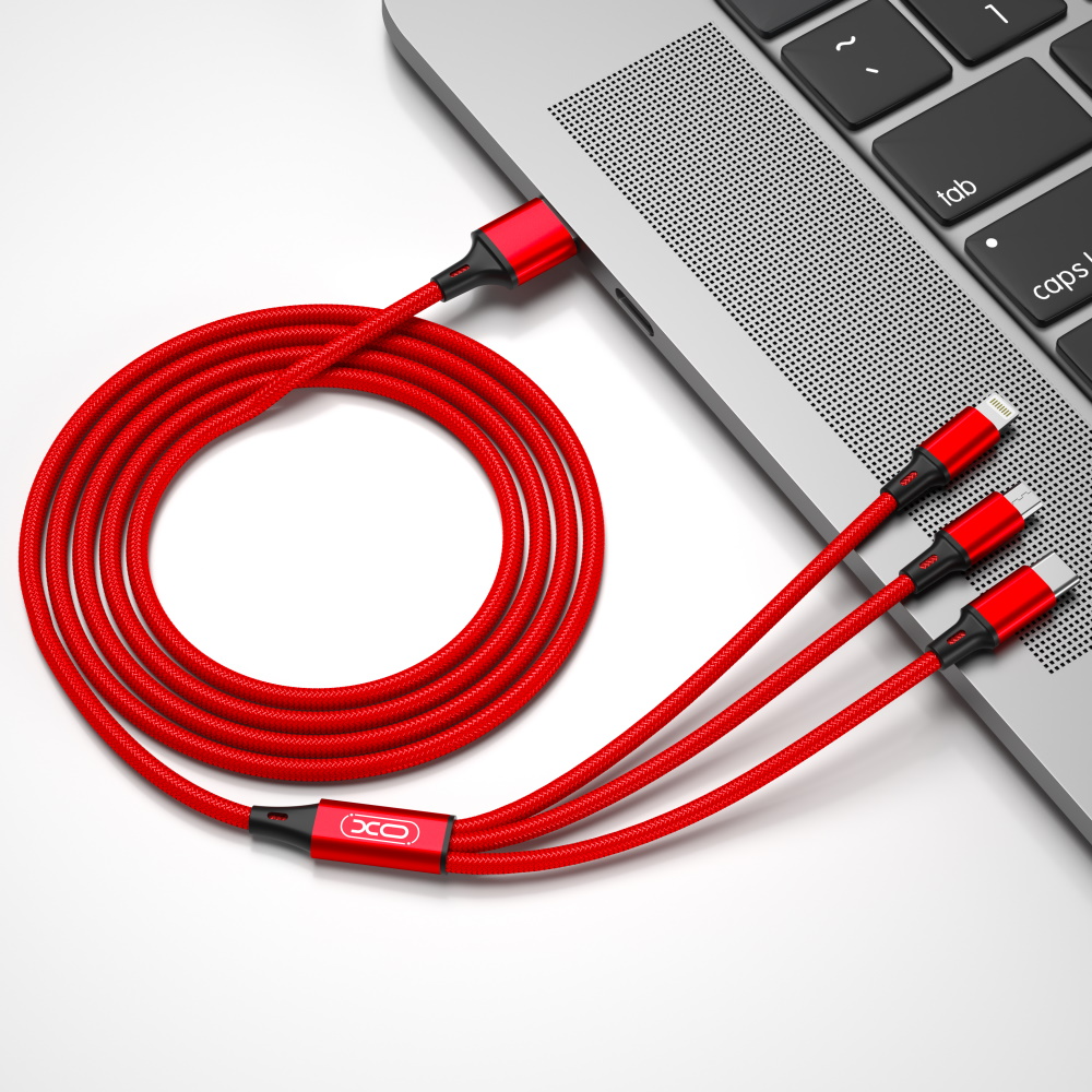 USB-A - Lightning / microUSB / USB-C Oplaadkabel XO Design NB173 3in1, 18W, 1.2m, Rood