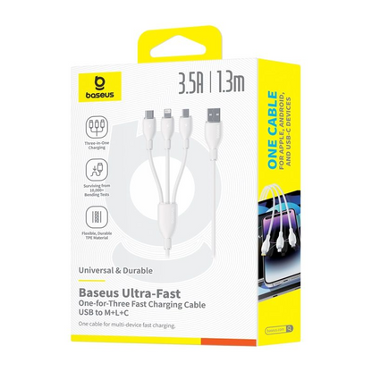 USB-A oplaadkabel - Lightning / microUSB / USB-C Baseus Ultra Fast 3in1, 18W, 1,3m, Wit P10376303211-00