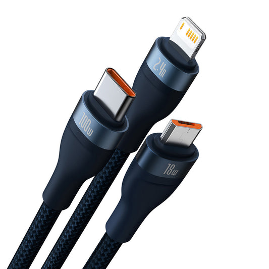 USB-A Oplaadkabel - Lightning / microUSB / USB-C Baseus Flash Series II 3in1, 100W, 1.2m, Blauw CASS030003