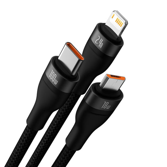 USB-A Oplaadkabel - Lightning / microUSB / USB-C Baseus Flash Series II 3in1, 100W, 1.2m, Zwart CASS030001
