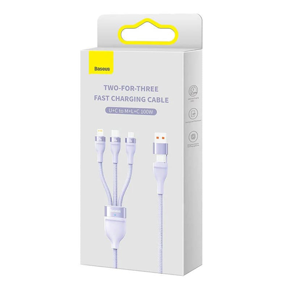 USB-A / USB-C - Lightning / microUSB / USB-C Baseus Flash Series II 3in1 Oplaadkabel, 100W, 1.2m, Paars CASS030105