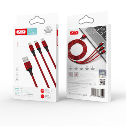 USB-A - Lightning / microUSB / USB-C Oplaadkabel XO Design NB173 3in1, 18W, 1.2m, Rood