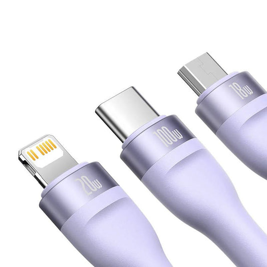 USB-A / USB-C - Lightning / microUSB / USB-C Baseus Flash Series II 3in1 Oplaadkabel, 100W, 1.2m, Paars CASS030105