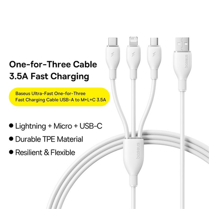USB-A oplaadkabel - Lightning / microUSB / USB-C Baseus Ultra Fast 3in1, 18W, 1,3m, Wit P10376303211-00
