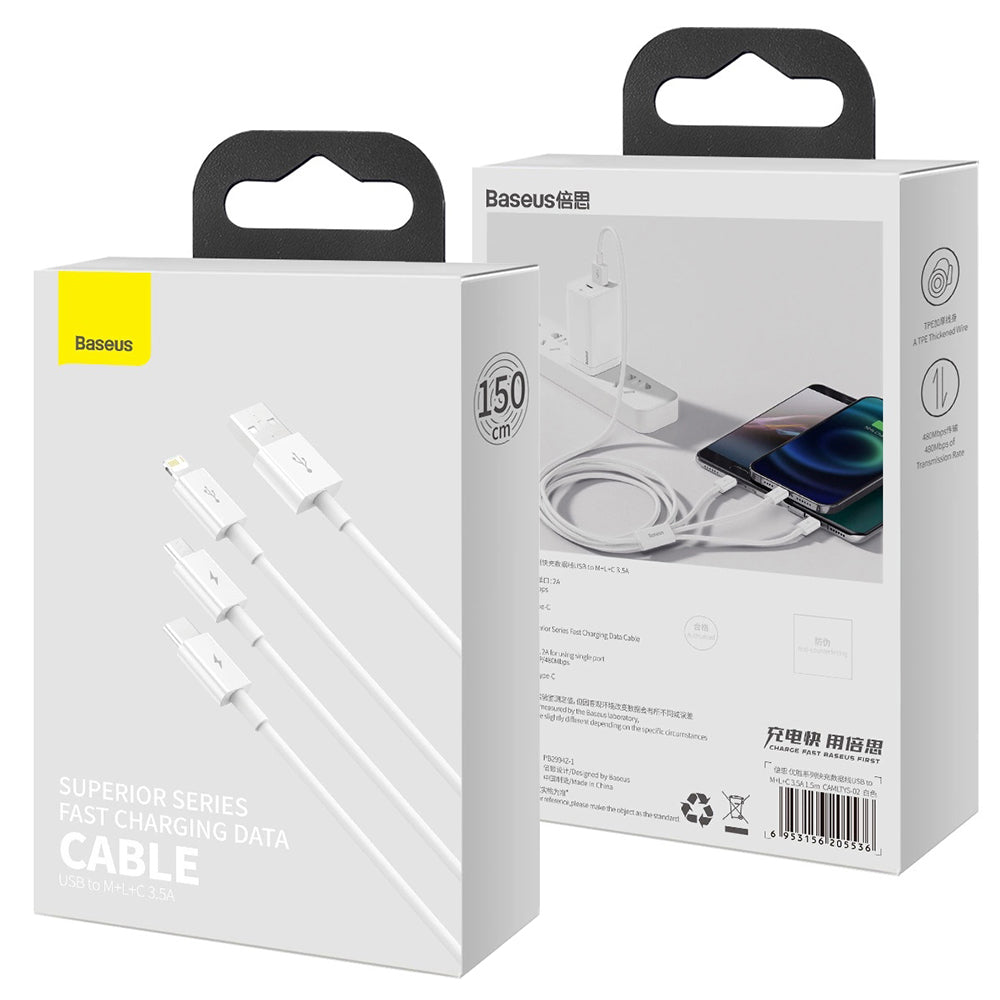 Oplaadkabel USB-A - Lightning / microUSB / USB-C Baseus Superior 3in1 Series, 20W, 1m, Wit P10320105221-00