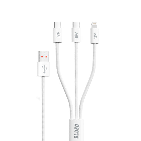 USB-A - Lightning / 2 x USB-C Blueo Oplaadkabel, 75W, 1.2m, Wit