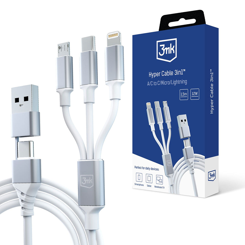 USB-A / USB-C - Lightning / microUSB / USB-C 3MK Hyper 3in1 Oplaadkabel, 12W, 1.5m, Wit