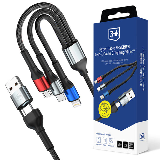 USB-A / USB-C - Lightning / microUSB / USB-C 3MK Hyper N Oplaadkabel, 18W, 1.2m, Zwart