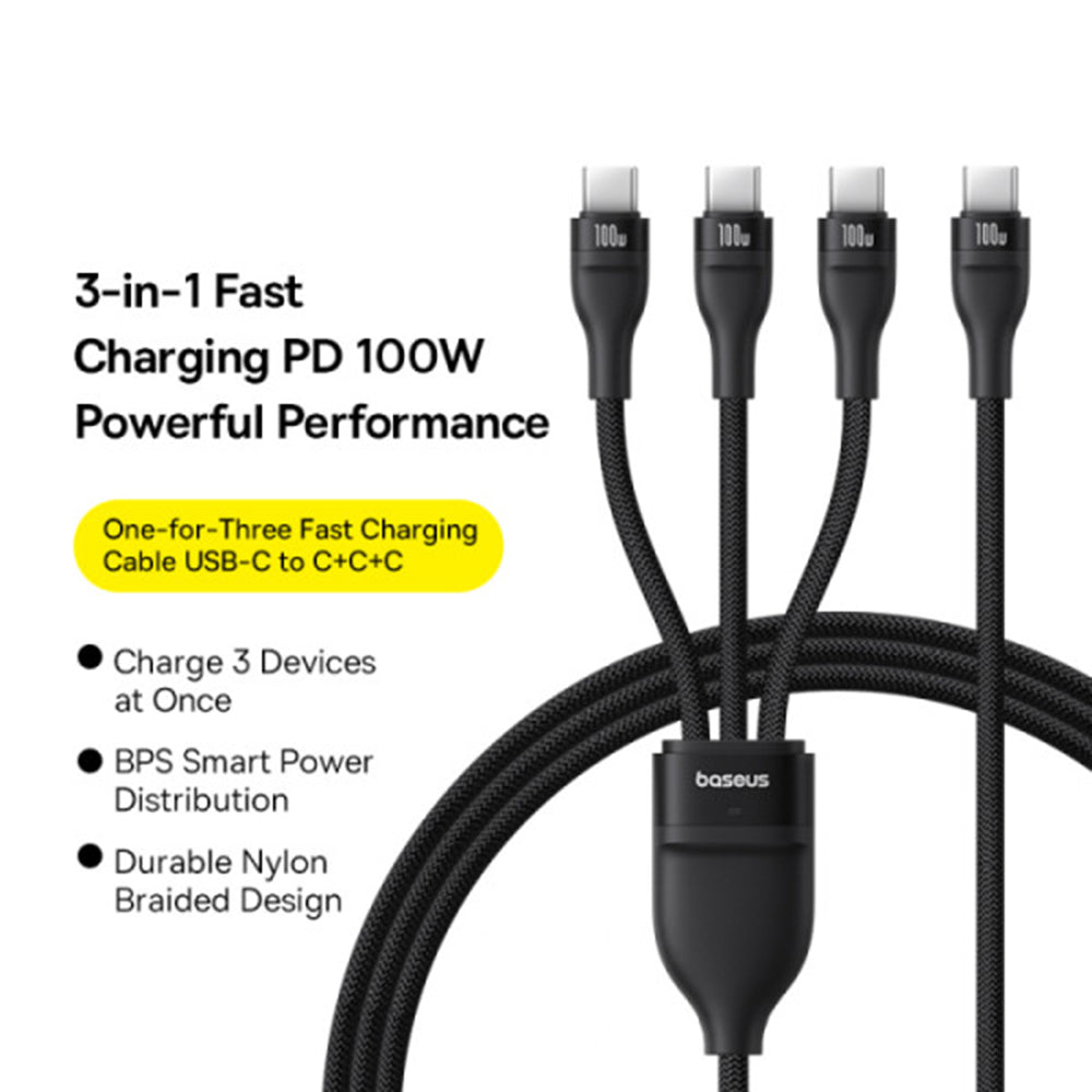 USB-C Oplaadkabel - 3 x USB-C Baseus Flash Series III 3in1, 100W, 1.5m, Zwart P10377503111-00