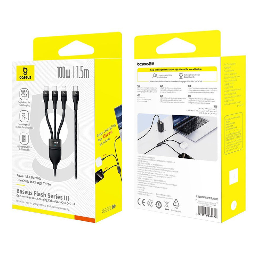 USB-C - Lightning Oplaadkabel / 2 x USB-C Baseus Flash Series III 3in1, 100W, 1.5m, Zwart P10377502111-00