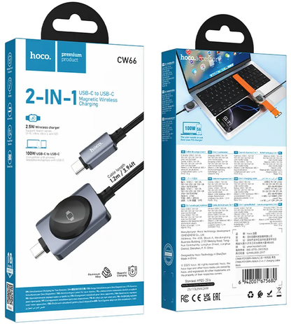 USB-C Oplaadkabel - USB-C HOCO CW66 2in1, 100W, 1,2m, Zwart