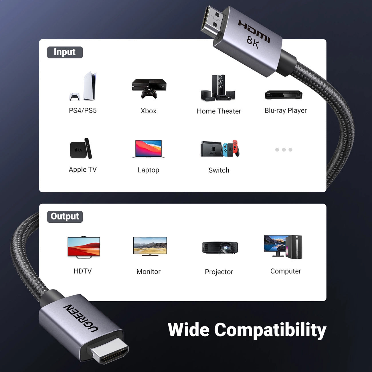 Videokabel UGREEN HD171, HDMI - HDMI, 8K, 1m, Zwart