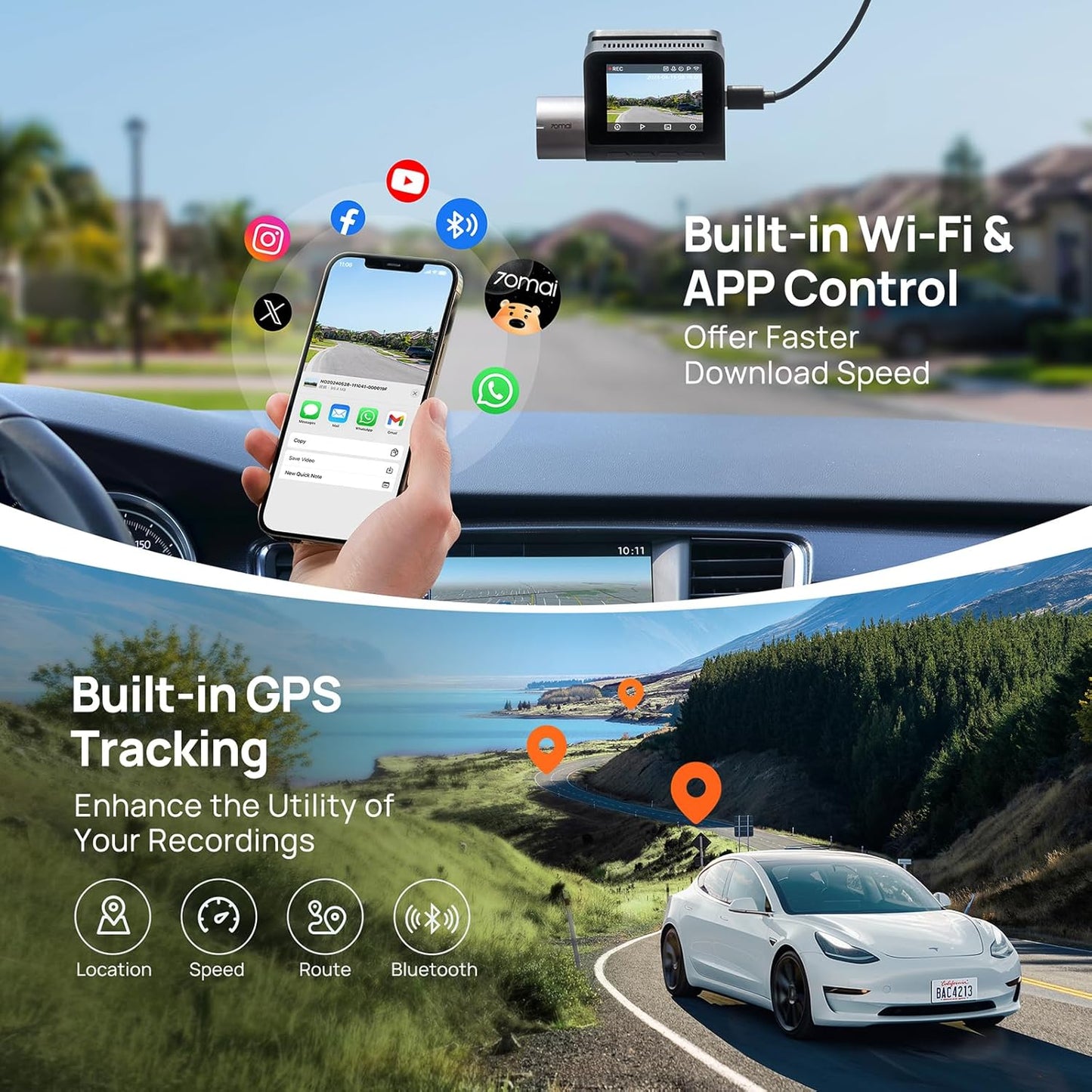 Auto Camera Voor Achter 70mai Dash Cam A510, 3K, GPS, Wi-Fi, Display 2inch