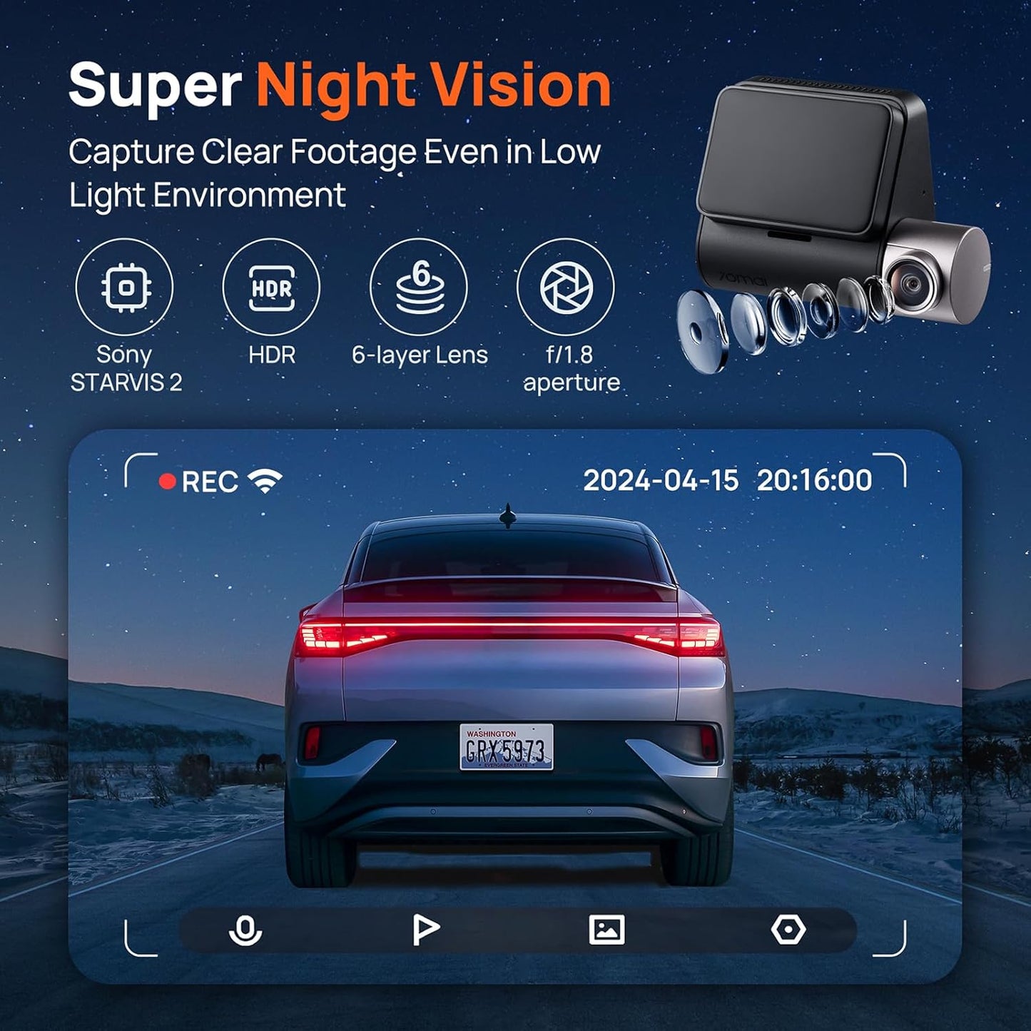 Auto Camera Voor Achter 70mai Dash Cam A510, 3K, GPS, Wi-Fi, Display 2inch
