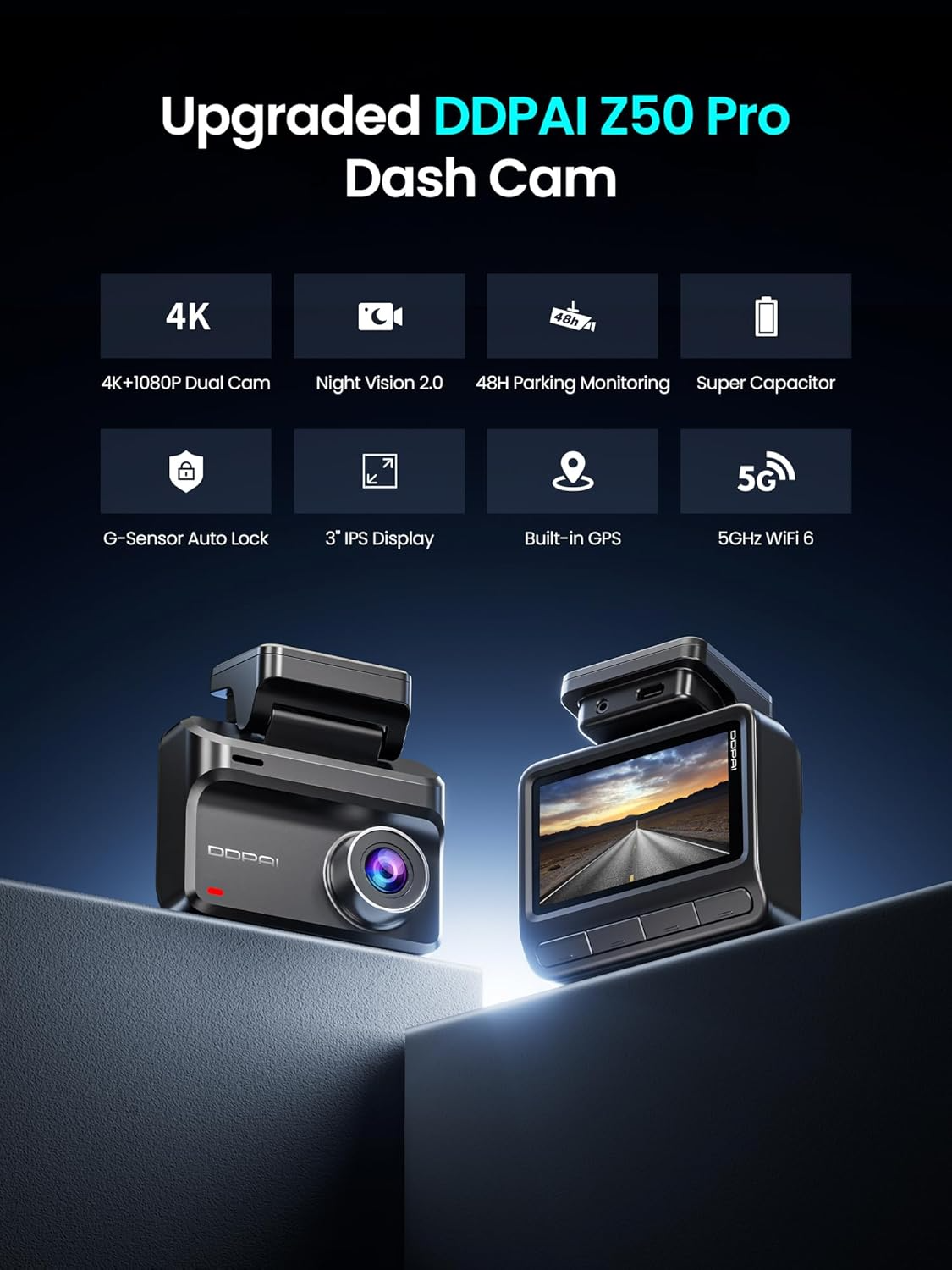 Auto Camera Voor Achter DDPAI Z50 Pro Dual, 4K, Wi-Fi, GPS, Display 3inch
