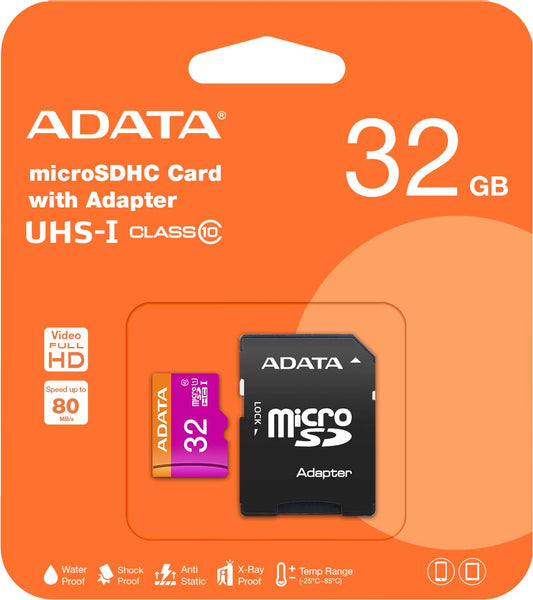 Adata microSDHC-geheugenkaart, 32Gb, Klasse 10 / UHS-1 U1, Met adapter AUSDHDH32GUICL10-RA1