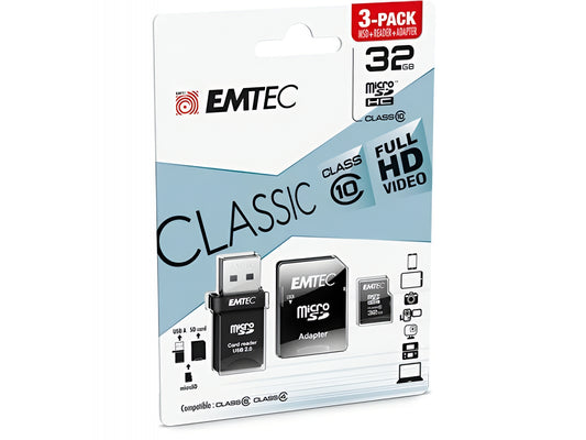 Geheugenkaart microSDHC Emtec C10 Classic, 32Gb, Klasse 10, Met Kaartlezer en Adapter ECMSDM32GHC10CGRA2