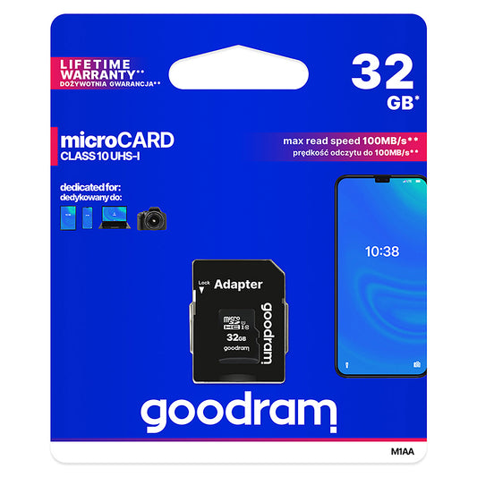 GoodRam microSDHC Geheugenkaart, 32Gb, Klasse 10 / UHS-1 U1, Met Adapter