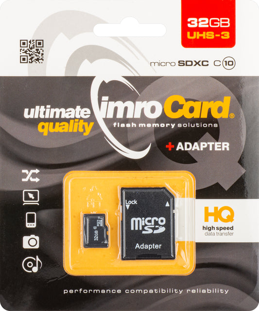 Imro microSDHC Geheugenkaart, 32Gb, Klasse 10 / UHS-1 U3, Met Adapter