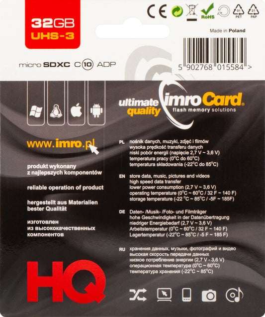 Imro microSDHC Geheugenkaart, 32Gb, Klasse 10 / UHS-1 U3, Met Adapter