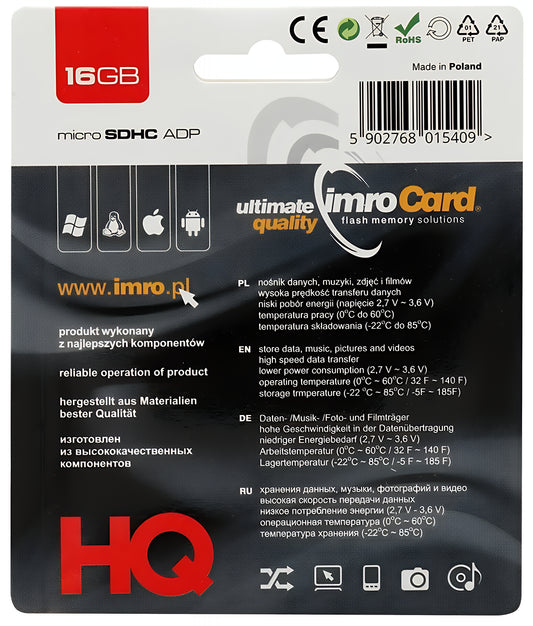 MicroSDHC Geheugenkaart Imro, 16Gb, Klasse 4, Met Adapter