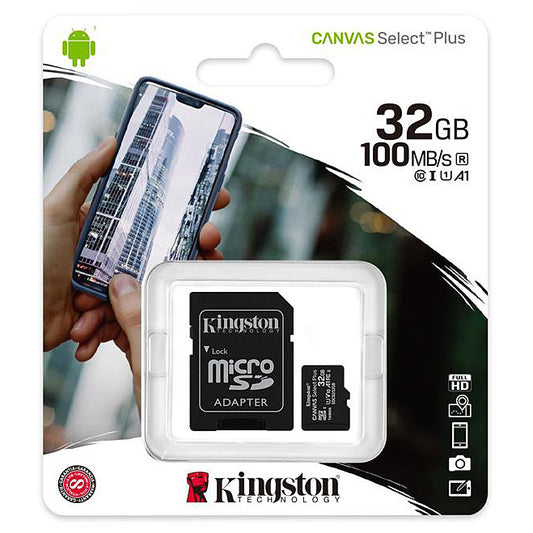 Geheugenkaart microSDHC Kingston Canvas Select Plus Android A1, 32Gb, Klasse 10 / UHS-1 U1, met SDCS2/32GB Adapter