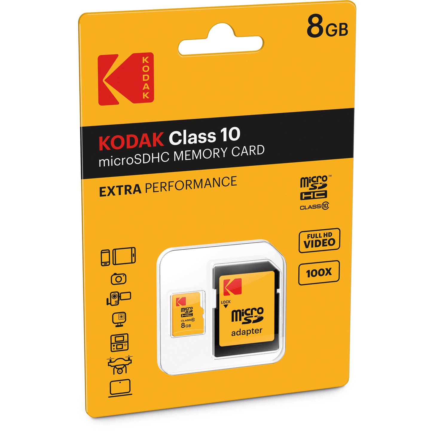 microSDHC Geheugenkaart Kodak Extra Performance, 8Gb, Klasse 10, Met Adapter EKMSDM8GHC10CK
