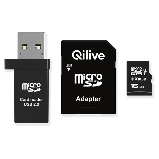 microSDHC Geheugenkaart Qilive, 16Gb, Klasse 10, Met Kaartlezer en Adapter EKMSDM16GHC10QL