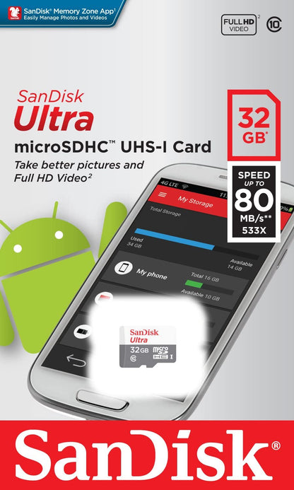 SanDisk Ultra Android microSDHC-geheugenkaart, 32Gb, Klasse 10 / UHS-1 U1 SDSQUNR-032G-GN3MN SDSQUNR-032G-GN3MN